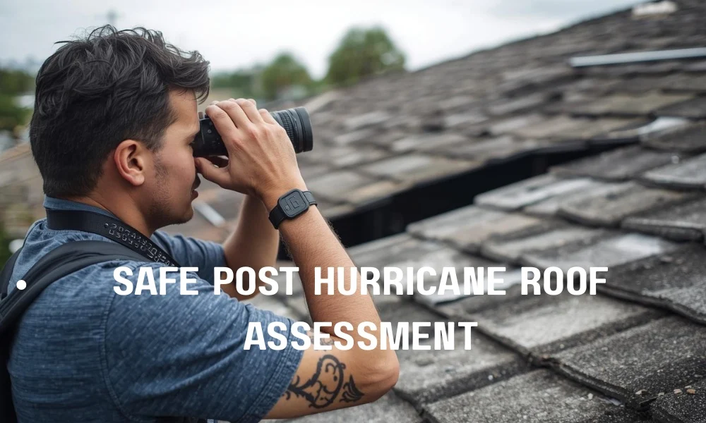 A cautious homeowner in Fort Lauderdale safely assessing roof damage from the ground using binoculars, documenting findings on a smartphone.
