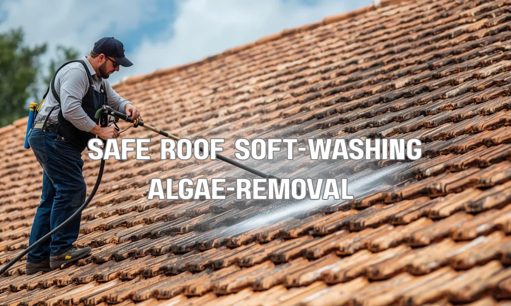 A professional technician in Florida using low-pressure soft washing equipment and eco-friendly solutions to safely remove black algae streaks from a Spanish tile roof.