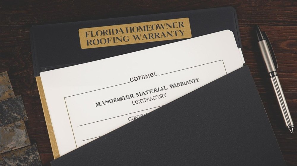 A physical folder titled "FLORIDA HOMEOWNER ROOFING WARRANTY" holds two official-looking documents: "MANUFACTURER MATERIAL WARRANTY" and "CONTRACTOR WORKMANSHIP WARRANTY," clearly displayed on a desk next to a pen and a small shingle sample.