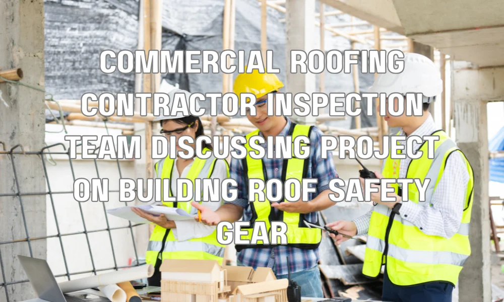 Commercial roofing contractors inspecting a building roof and discussing project details in Broward County