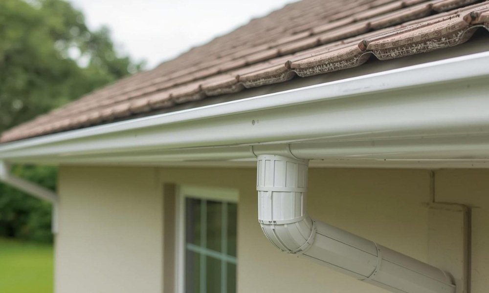 A close-up photograph illustrating the installation of custom-fabricated seamless gutters on a South Florida home, highlighting the clean, continuous line and lack of vertical seams.