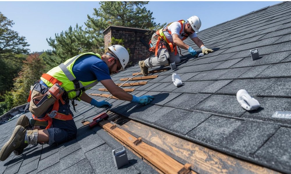 A skilled roofing crew uses specialized tools and safety gear to precisely install new roofing materials on a residential roof, highlighting the technical expertise and coordination required for a proper installation.