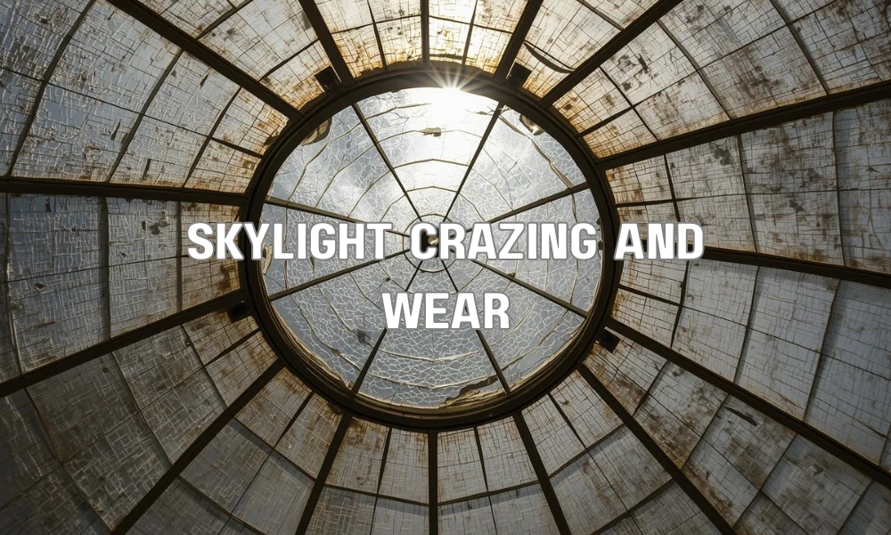 Close-up of an aged polycarbonate skylight dome exhibiting severe crazing (a network of fine cracks) and cloudy discoloration.