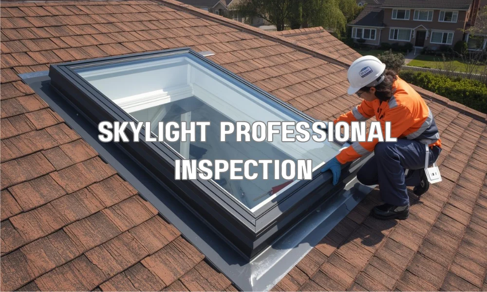An illustration of a professional roofing technician inspecting a skylight, checking the flashing integrity and the acrylic dome.