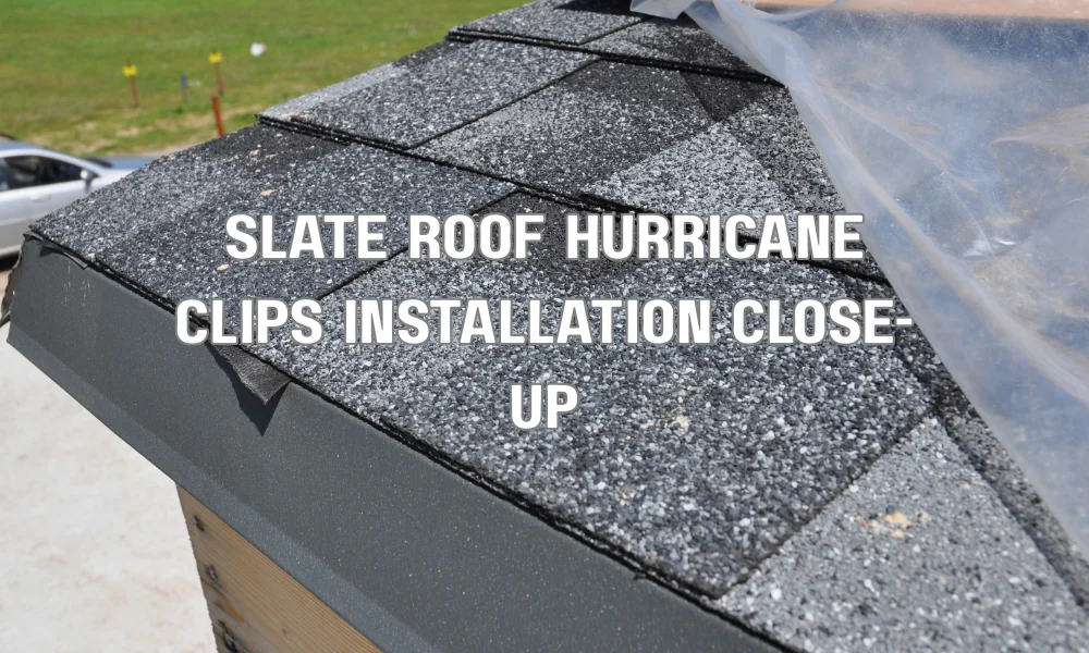 Close-up of slate roof tiles secured with hurricane-resistant fasteners and underlayment for high-wind protection