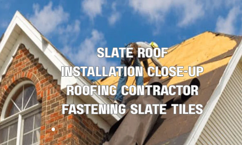 Contractor installing slate roof tiles with corrosion-resistant nails for hurricane-resistant roofing system