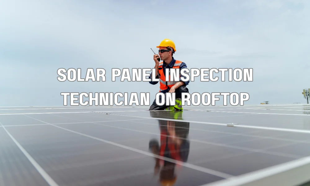 Technician performing rooftop solar panel inspection before final approval