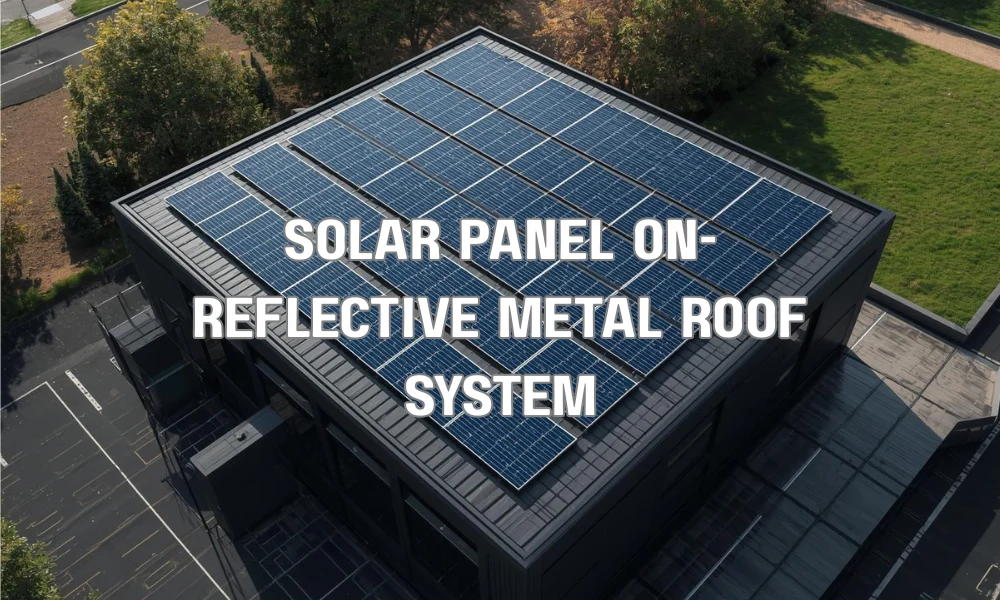 A detailed close-up of a residential solar panel array securely mounted on a cool, reflective standing seam metal roof, showcasing the integrated system’s efficiency and durability in bright sunlight.