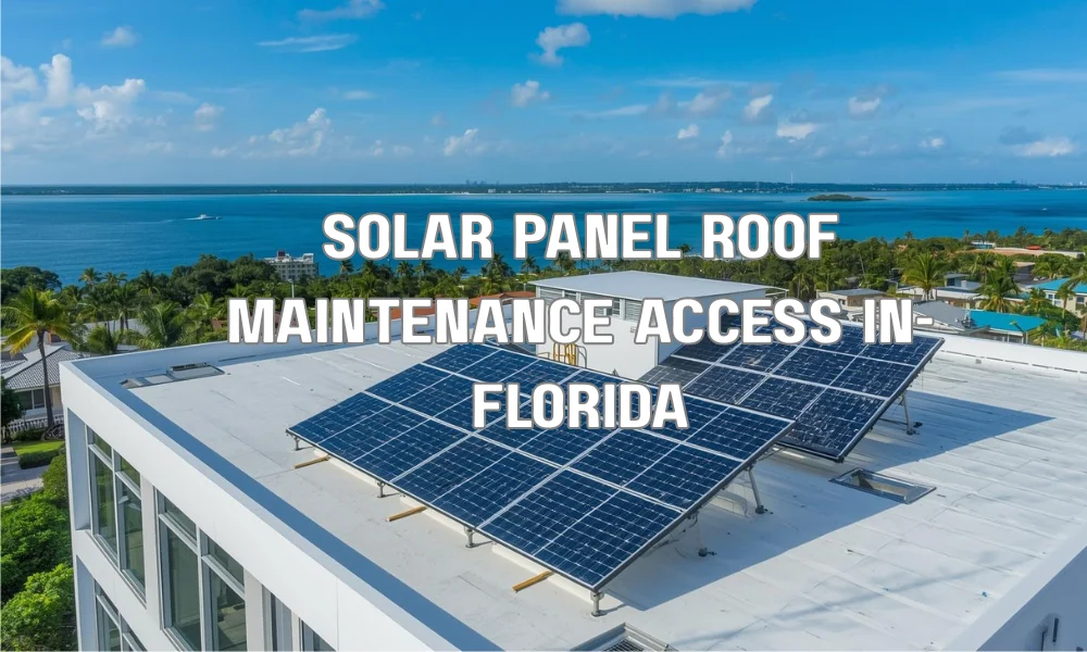 A professional roofing technician safely inspecting the clearance and mounting hardware between a solar array and a shingle roof.