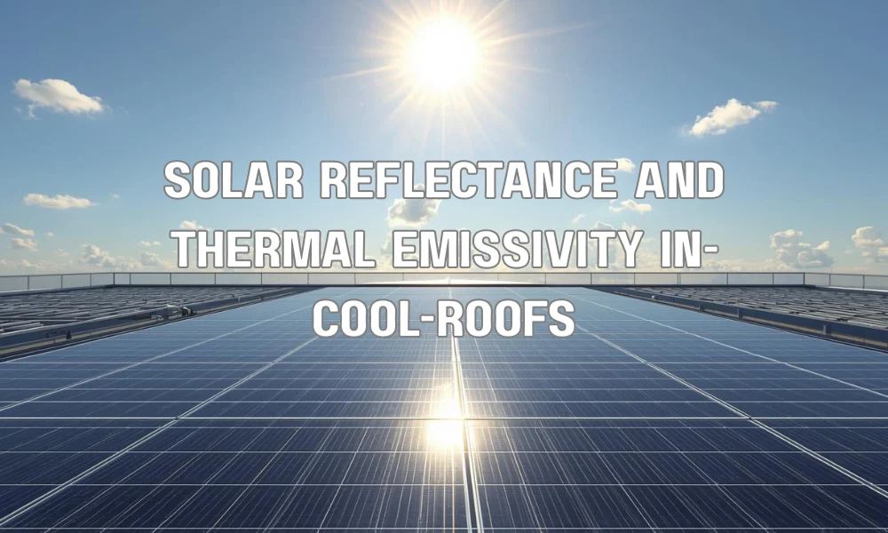 A technical diagram of a cool roof showing sunlight being reflected (solar reflectance) and absorbed heat being released (thermal emissivity).