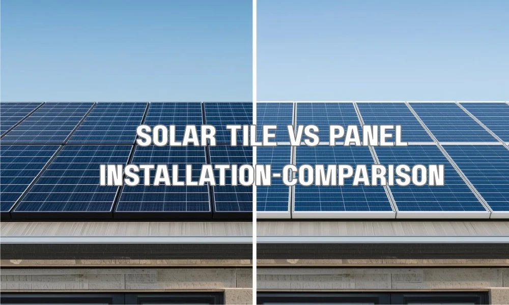 A dual-panel comparison image. Left: A specialized roofing crew meticulously installing integrated solar tiles during a full roof replacement on a coastal-style home. Right: An installation team attaching traditional solar panels onto an existing shingle roof.