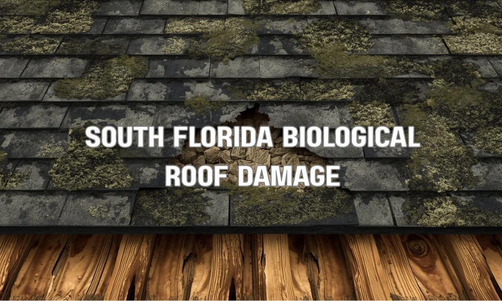 A detailed close-up illustration of a South Florida roof section showing black algae streaks, green mold patches, granule loss on shingles, and water damage to the underlying wooden deck caused by high humidity.