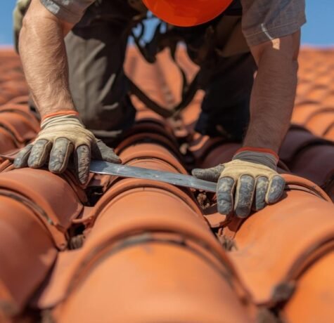 A close-up view of a professional roofer installing a traditional terracotta concrete S-tile roof on a modern Mediterranean-style home in South Florida, emphasizing the high-quality materials and skilled labor that influence the overall cost.