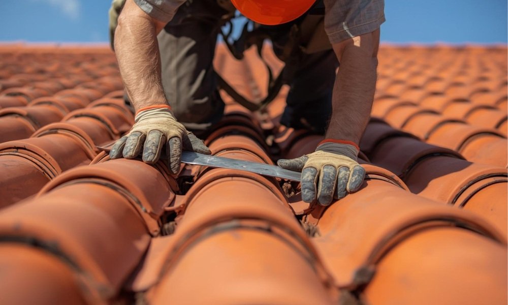 A close-up view of a professional roofer installing a traditional terracotta concrete S-tile roof on a modern Mediterranean-style home in South Florida, emphasizing the high-quality materials and skilled labor that influence the overall cost.