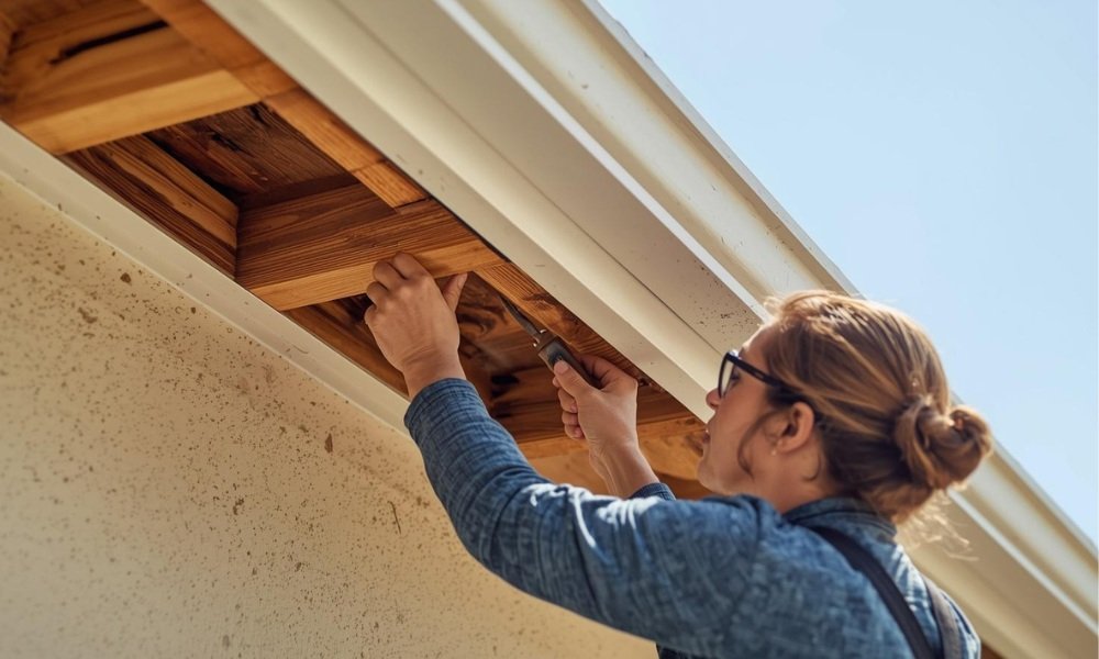 A skilled carpenter replaces a rotted wood fascia board section on a South Florida home under bright sunlight, highlighting the intricate labor and material requirements of a fascia repair project.