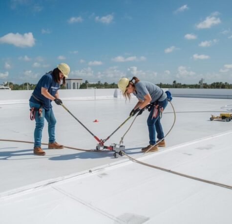 Two roofing professionals using specialized equipment to patch a modern white membrane on a large commercial flat roof in South Florida under bright sunlight.