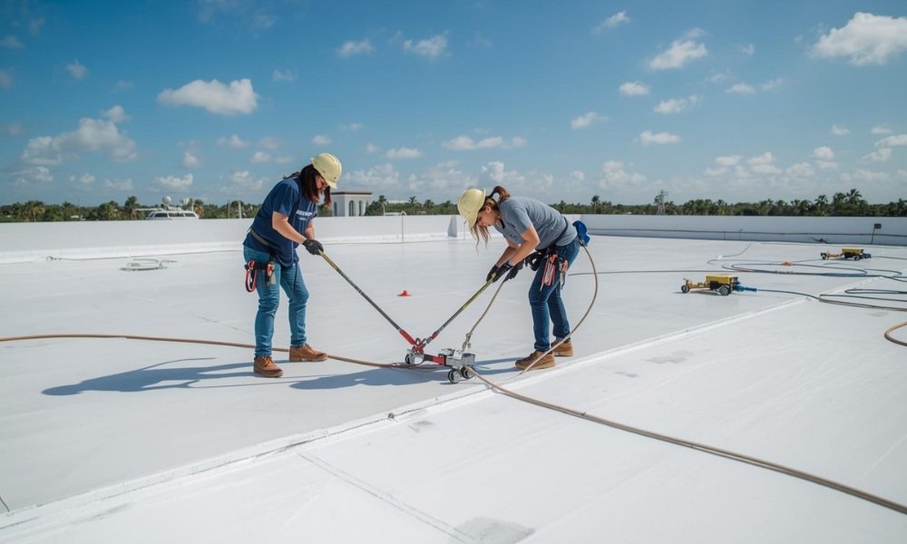 Two roofing professionals using specialized equipment to patch a modern white membrane on a large commercial flat roof in South Florida under bright sunlight.