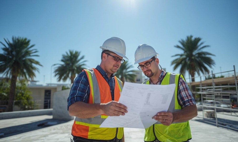 A municipal building inspector and a roofing foreman review permit documents and examine a roof in progress in South Florida.