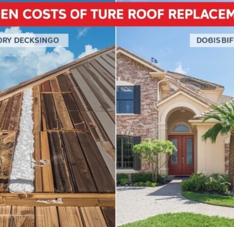 A split-panel infographic visualizing two key "hidden" costs of roof replacement in South Florida: one side shows structural discovery (rotted decking and mold) during tear-off, and the other side shows logistical/code factors (debris disposal, permits, and HVHZ upgrades) on a Mediterranean-style home under bright sun.