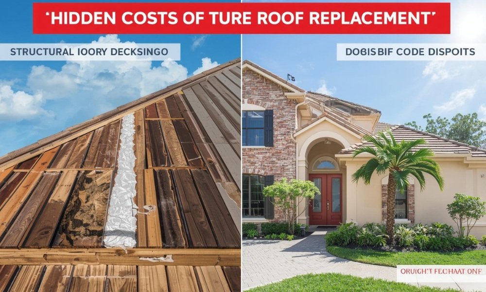 A split-panel infographic visualizing two key "hidden" costs of roof replacement in South Florida: one side shows structural discovery (rotted decking and mold) during tear-off, and the other side shows logistical/code factors (debris disposal, permits, and HVHZ upgrades) on a Mediterranean-style home under bright sun.