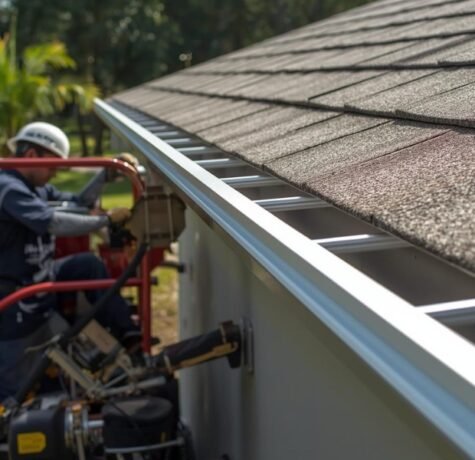 A South Florida gutter installation scene showing a portable seamless gutter machine extruding a white aluminum gutter section for a house, emphasizing the specialized process and materials that determine installation costs.