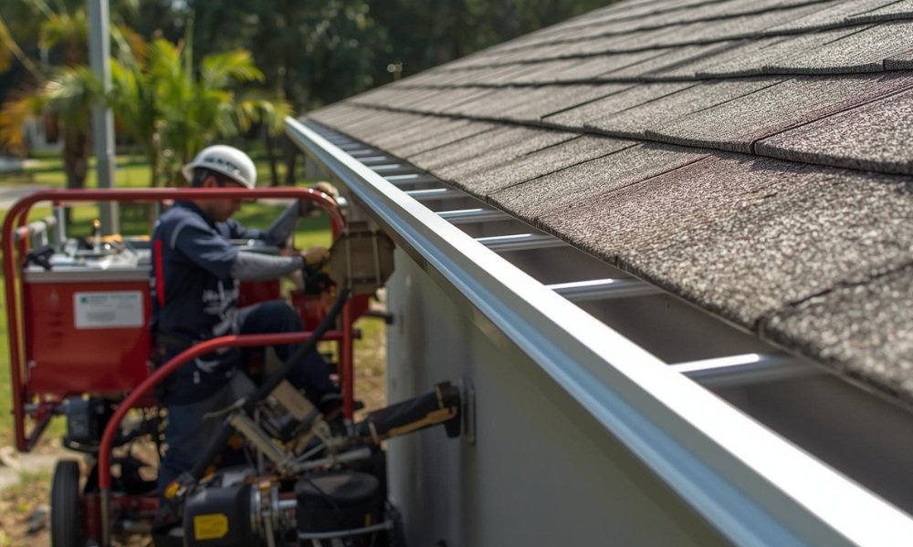 A South Florida gutter installation scene showing a portable seamless gutter machine extruding a white aluminum gutter section for a house, emphasizing the specialized process and materials that determine installation costs.
