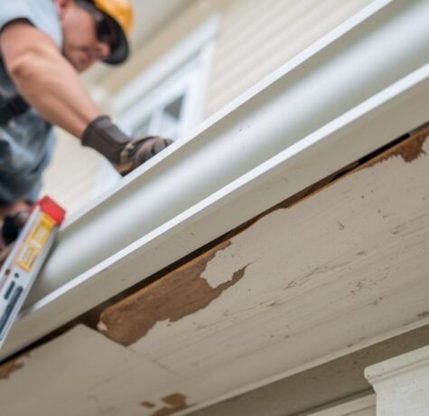 A close-up view of a professional contractor on a ladder repairing and replacing a damaged wood fascia board with new white aluminum capping on a residential home in South Florida, highlighting the skilled labor and materials involved in the cost.