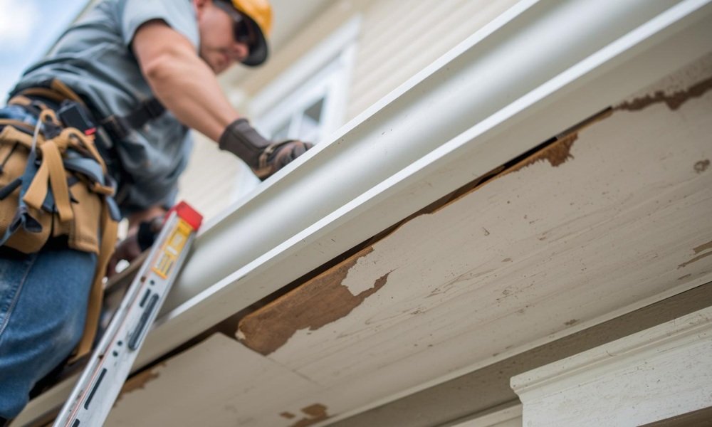 A close-up view of a professional contractor on a ladder repairing and replacing a damaged wood fascia board with new white aluminum capping on a residential home in South Florida, highlighting the skilled labor and materials involved in the cost.