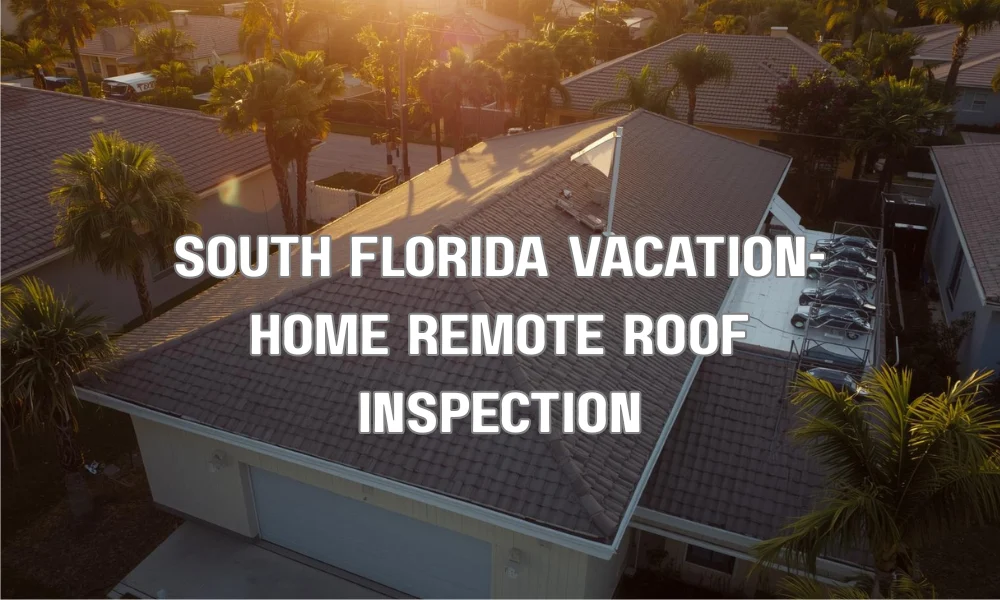 A homeowner on a tablet, looking at aerial drone footage and a maintenance report of their South Florida vacation home's roof, which is being inspected by a professional team in the background.