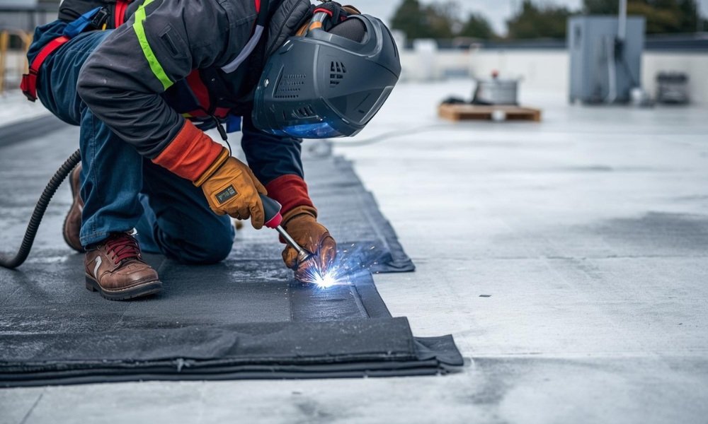 Skilled roofing technicians using specialized welding equipment to perform a precise seam repair on a commercial flat roof membrane, illustrating the technical expertise required.