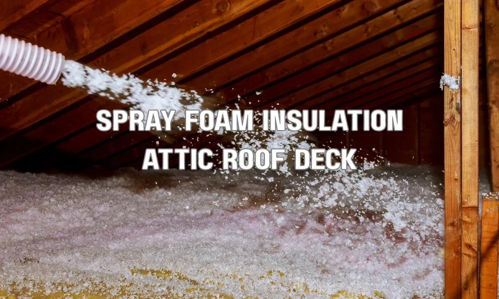 Spray foam insulation applied to the underside of a roof deck in a sealed unvented attic for energy efficiency and moisture control