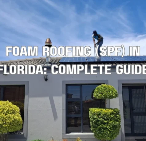 Contractor applying spray foam roofing (SPF) insulation on a flat roof in Florida.