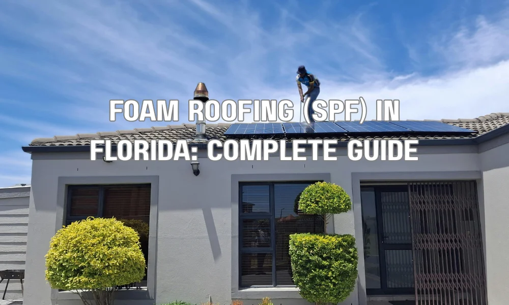 Contractor applying spray foam roofing (SPF) insulation on a flat roof in Florida.