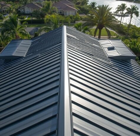A majestic, high-angle architectural photograph capturing a high-end coastal home in Fort Lauderdale with a gleaming, recently installed standing seam metal roof. The intricate lines of the steel panels contrast against the background of palm trees, luxury properties, and a glimpse of the Intracoastal Waterway under clear sunlight, illustrating the cost guide topic.
