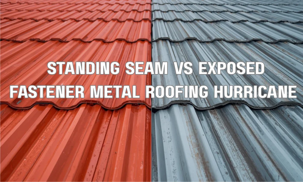 A close-up comparative view of two types of metal roofing being installed in Fort Lauderdale: a high-wind resilient standing seam panel (left) and an exposed fastener panel (right).
