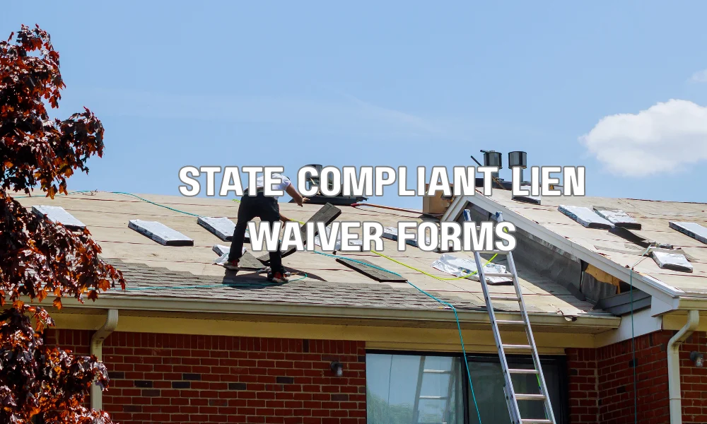 A professional arrangement of legal lien waiver forms with a fountain pen and a magnifying glass over a state-specific clause, representing statutory compliance.
