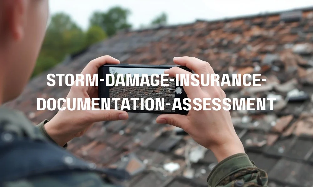 A homeowner or inspector using a smartphone to take high-quality photos of storm-damaged roof shingles and debris for an insurance claim.