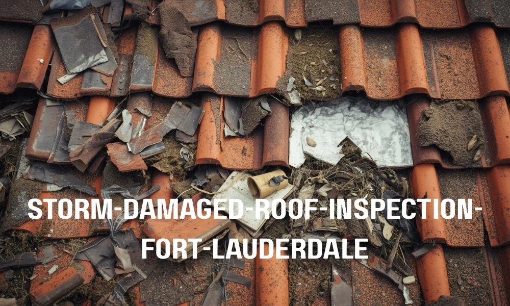 A close-up view of a storm-damaged roof in Fort Lauderdale, showing a combination of missing shingles and cracked tiles with exposed underlayment.