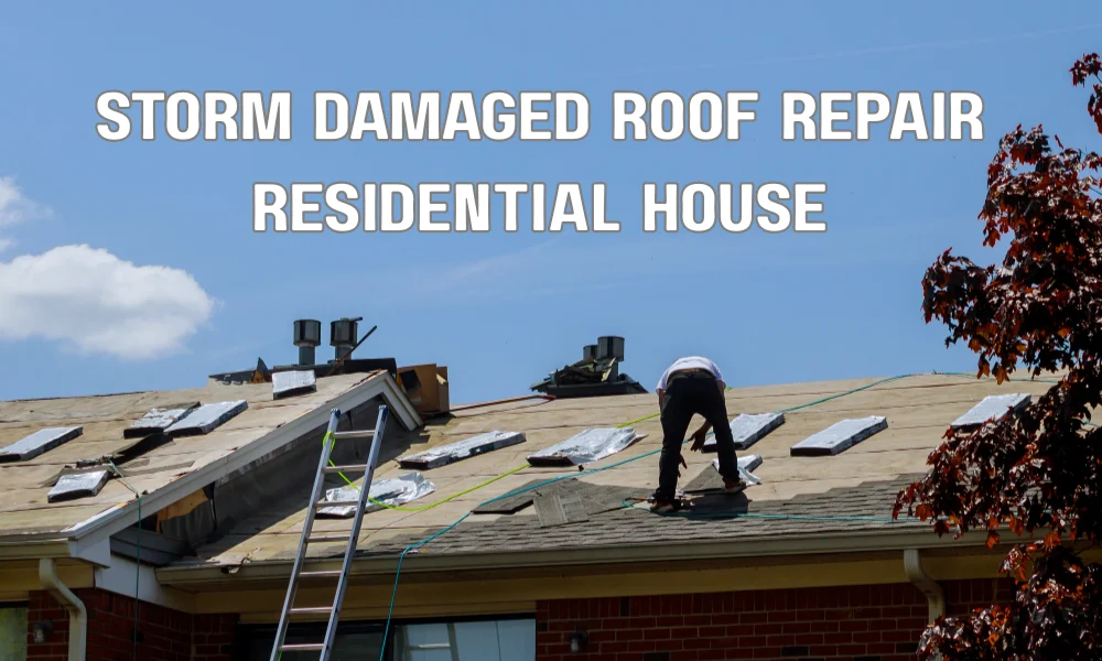 Contractor repairing storm damaged asphalt shingle roof on a residential home in Davie, Florida