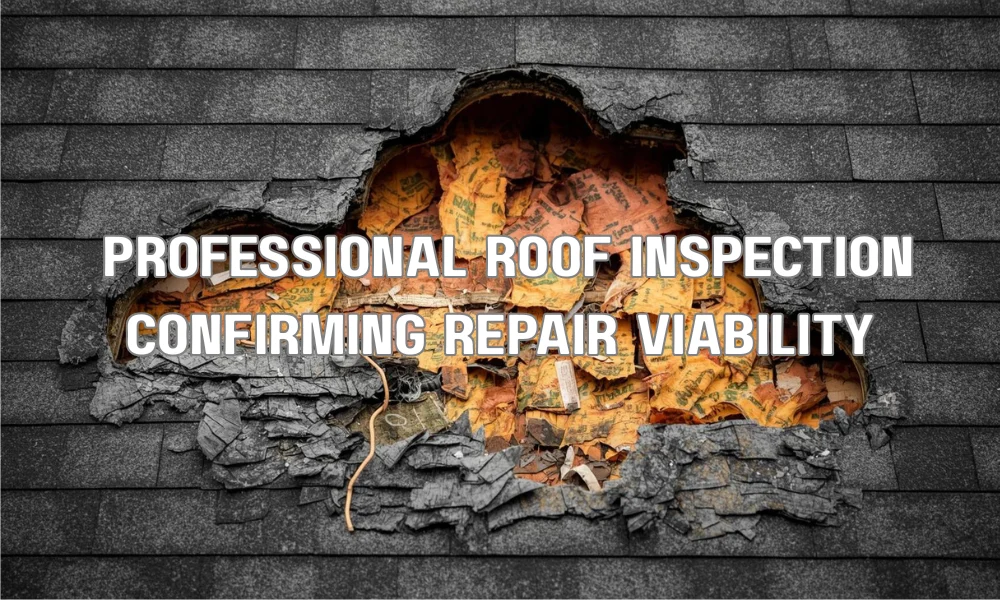 A close-up view of a storm-damaged roof section with missing shingles and exposed underlayment, overlaid with an infographic illustrating a cost comparison of extensive repairs versus full replacement for an older roof.