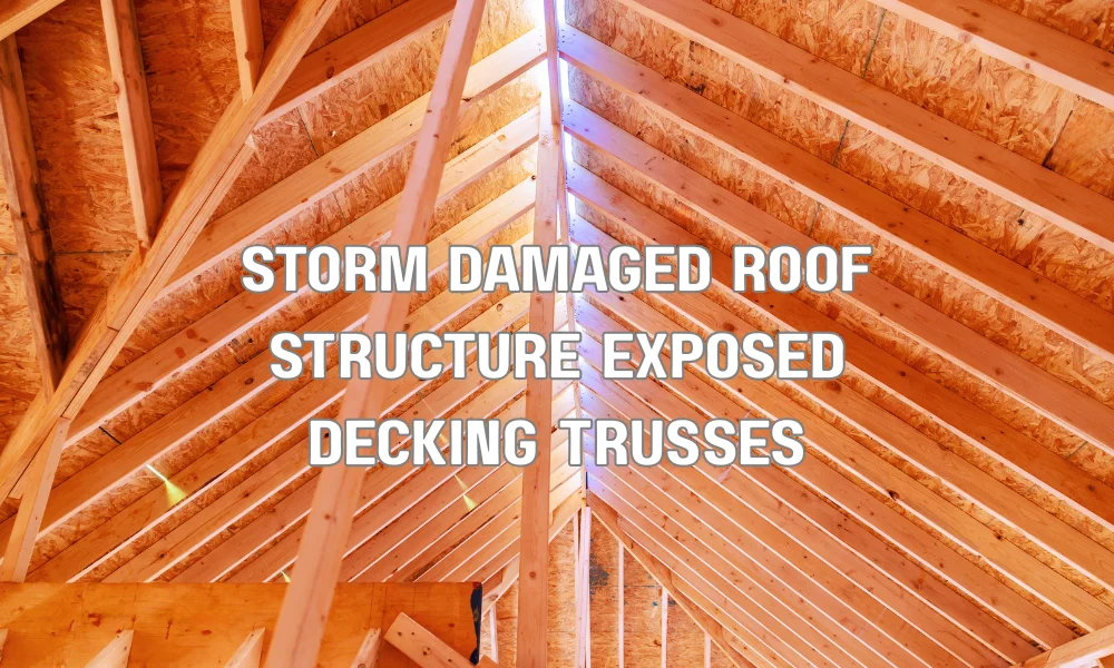 Storm-damaged roof showing exposed decking and trusses requiring structural repair after severe weather