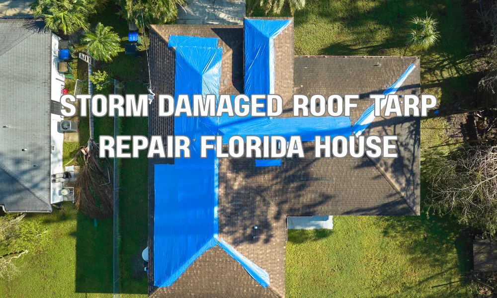 Home with storm-damaged roof covered by a blue tarp during temporary emergency repairs in Florida