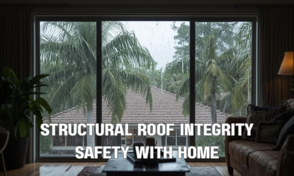 A safe and dry interior living room in a Florida home during a rainstorm, viewed through a window showing a well-maintained roof and healthy palm trees.