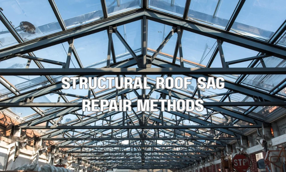 A technical architectural illustration showing three distinct methods for repairing a sagging roof: reinforcing existing rafters, inserting new support beams (purlins/struts), and temporary shoring during full truss replacement.