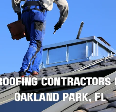 Roofing contractors working on a residential roof in Oakland Park, Florida