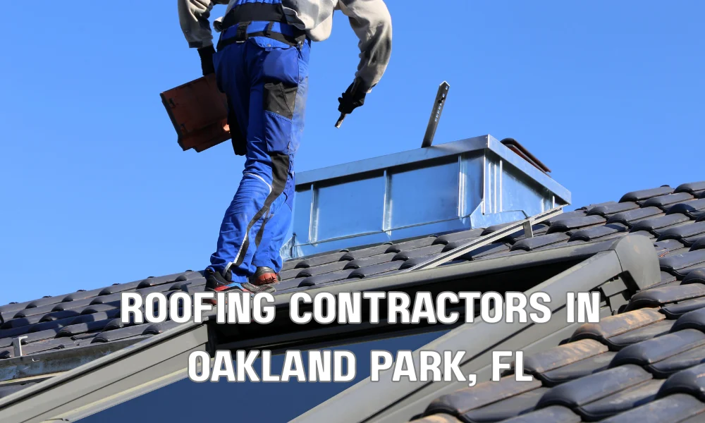 Roofing contractors working on a residential roof in Oakland Park, Florida