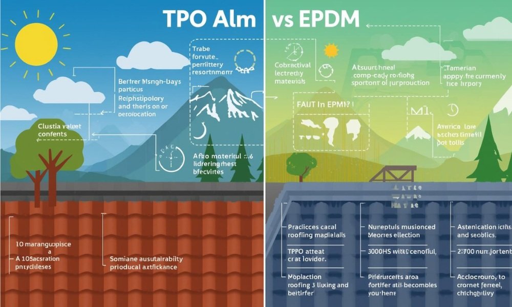 Diagram-style infographic comparing TPO and EPDM roofing efficiency in different climates.