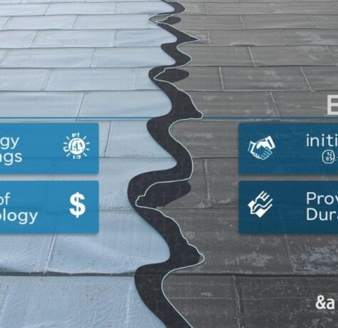 A comparison infographic showing a split commercial roof. The left side (TPO) highlights 'Energy Savings' and 'Cool Roof Technology' with a sun and dollar signs. The right side (EPDM) emphasizes 'Initial Value' and 'Proven Durability' with a handshake and long-life icons.