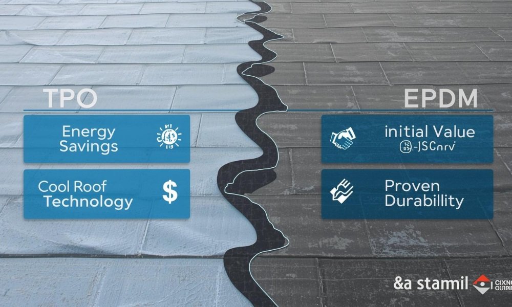 A comparison infographic showing a split commercial roof. The left side (TPO) highlights 'Energy Savings' and 'Cool Roof Technology' with a sun and dollar signs. The right side (EPDM) emphasizes 'Initial Value' and 'Proven Durability' with a handshake and long-life icons.