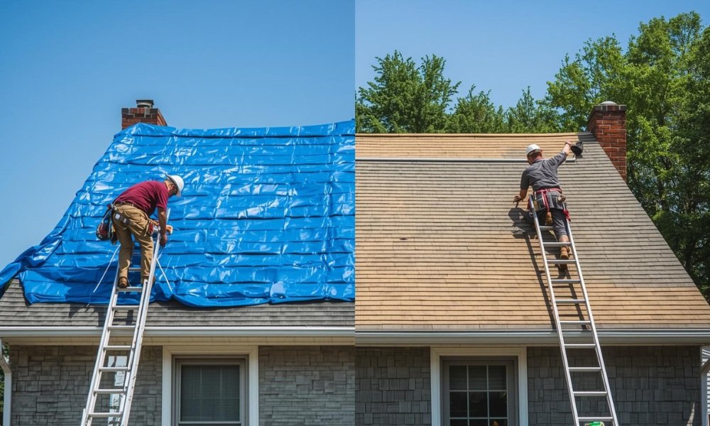 A split-screen style photo showing a blue emergency tarp being removed from a roof on one side, and a professional crew installing new, permanent shingles on the other.